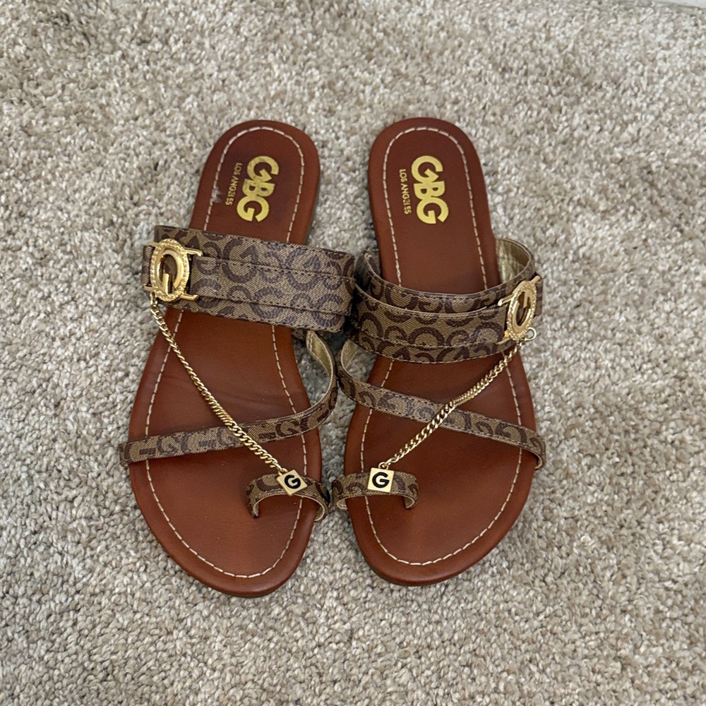 GBG Los Angeles Brown Sandals with Gold Accents